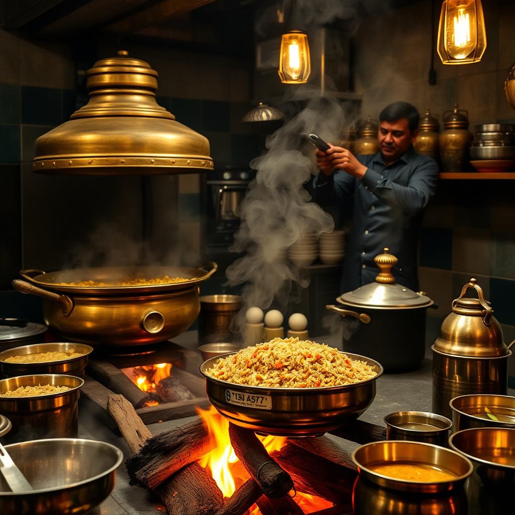 Traditional kitchen with brass pots and firewood
